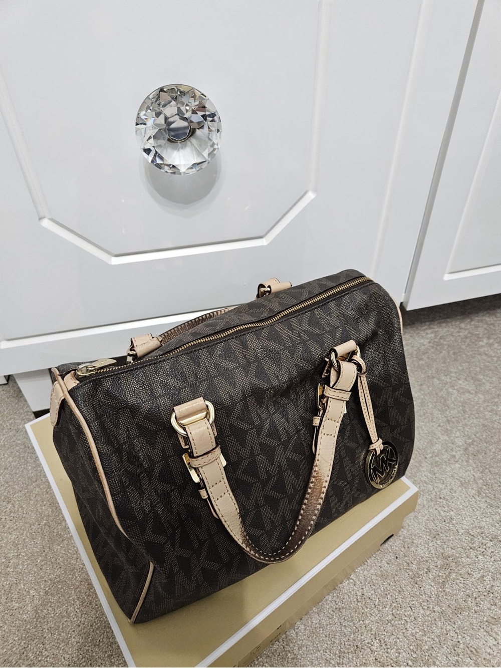 Michael Kors Brown Monogram Satchel with Beige Trim